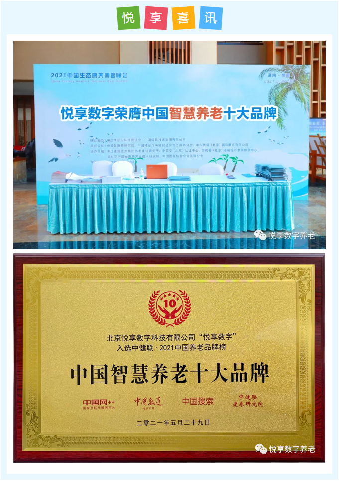 悅享數(shù)字榮膺“2021中國智慧養(yǎng)老十大品牌”(圖1)